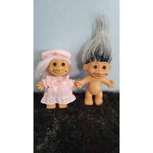 Lot of 2 Vintage Troll Dolls Russ China Nude Troll & Dressed Pink Outfit